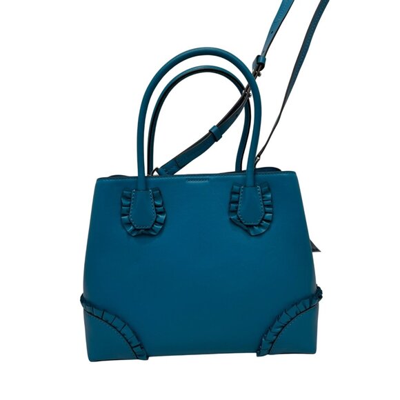 Michael Kors Teal Leather Handbag With Ruffled Accents & Adjustable Strap - Picture 2 of 14